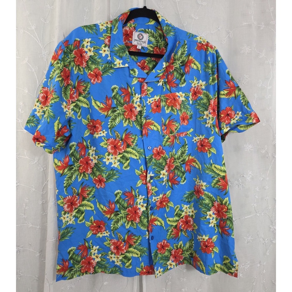 One Resolution Hawaiian Short Sleeve Buttoned Blue Shirt Tropical Flowers Large